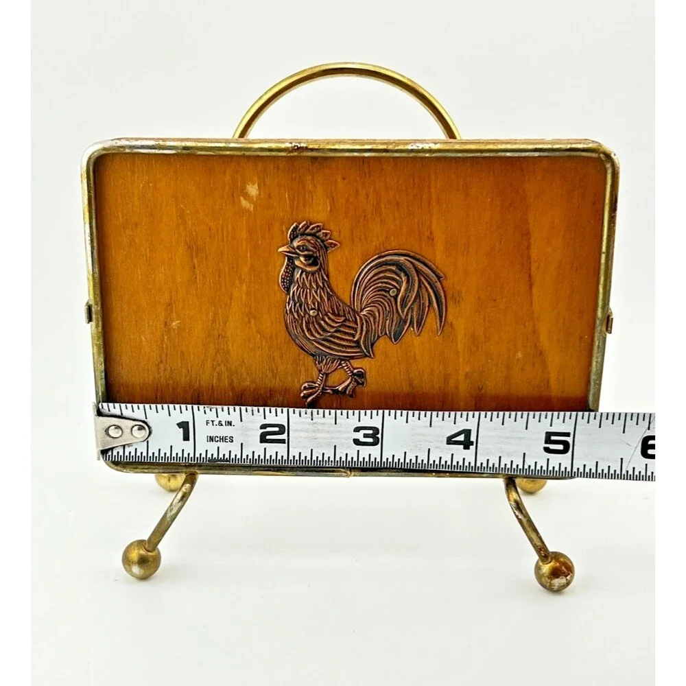 Vtg Victor Goldman Rooster Napkin Holder Wood Brass MCM Country Farmhouse Retro